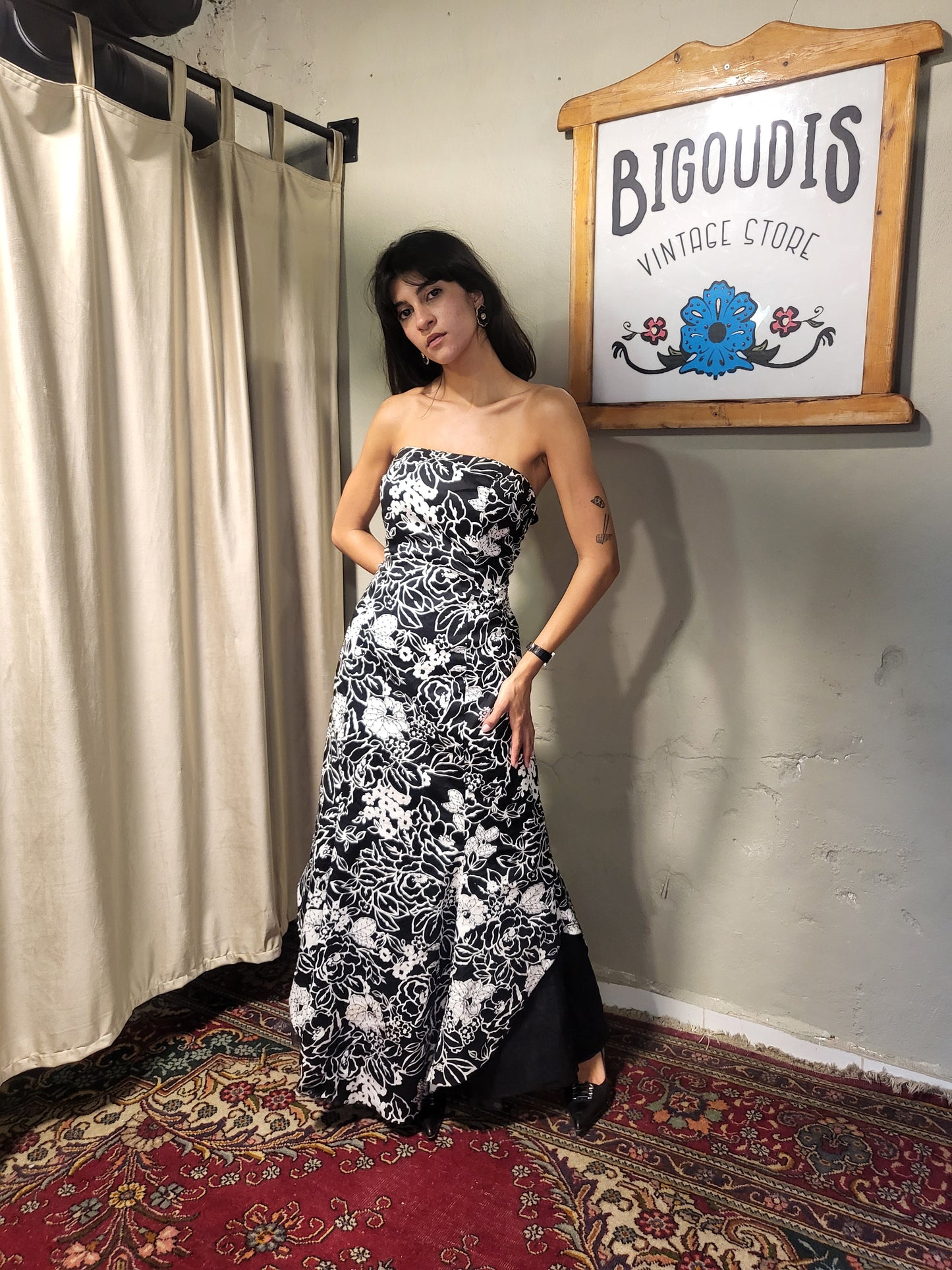 Black & White Floral Strapless Maxi Dress