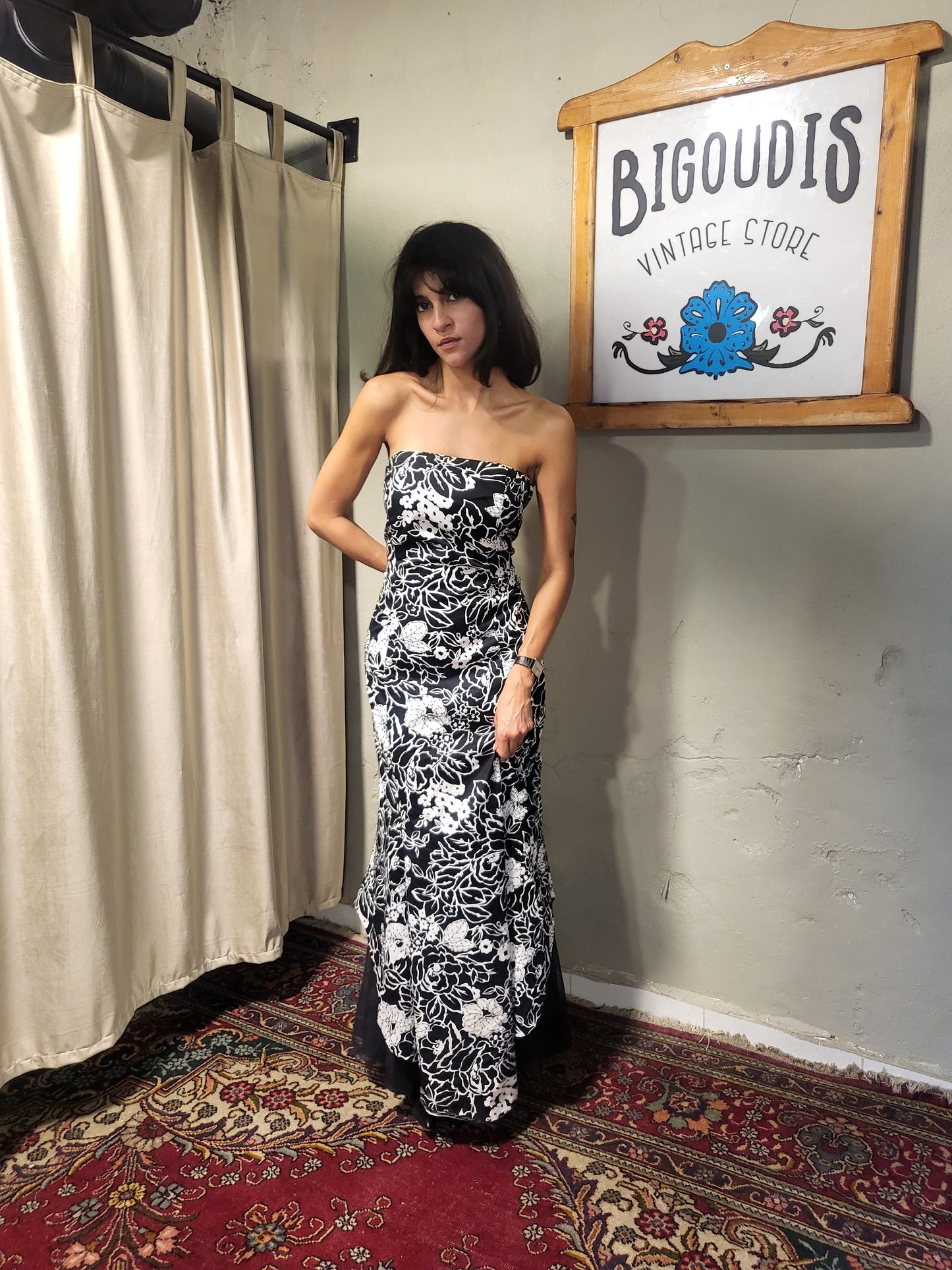 Black & White Floral Strapless Maxi Dress