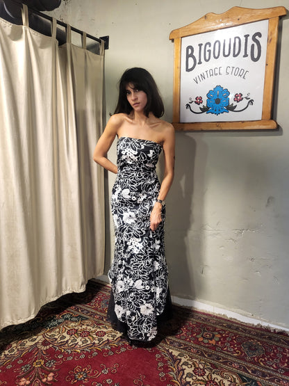 Black & White Floral Strapless Maxi Dress