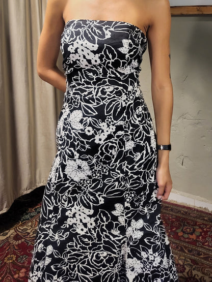 Black & White Floral Strapless Maxi Dress