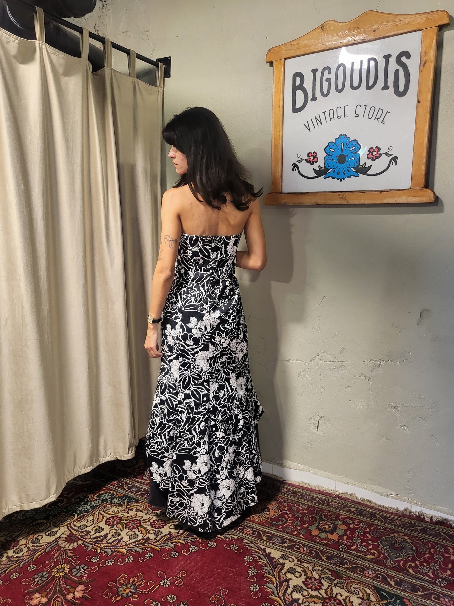 Black & White Floral Strapless Maxi Dress