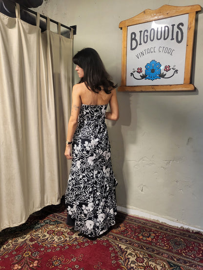 Black & White Floral Strapless Maxi Dress