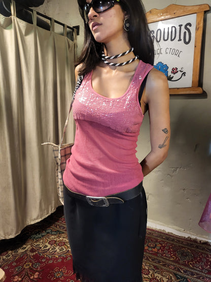 Y2K Pink Sequin Ribbed Tank Top