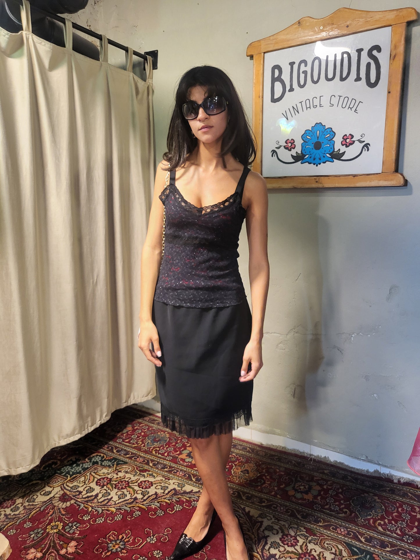 Y2K Black Sparkly Lace Camisole Top