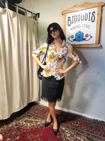 Floral Crinkle Ruffle Blouse