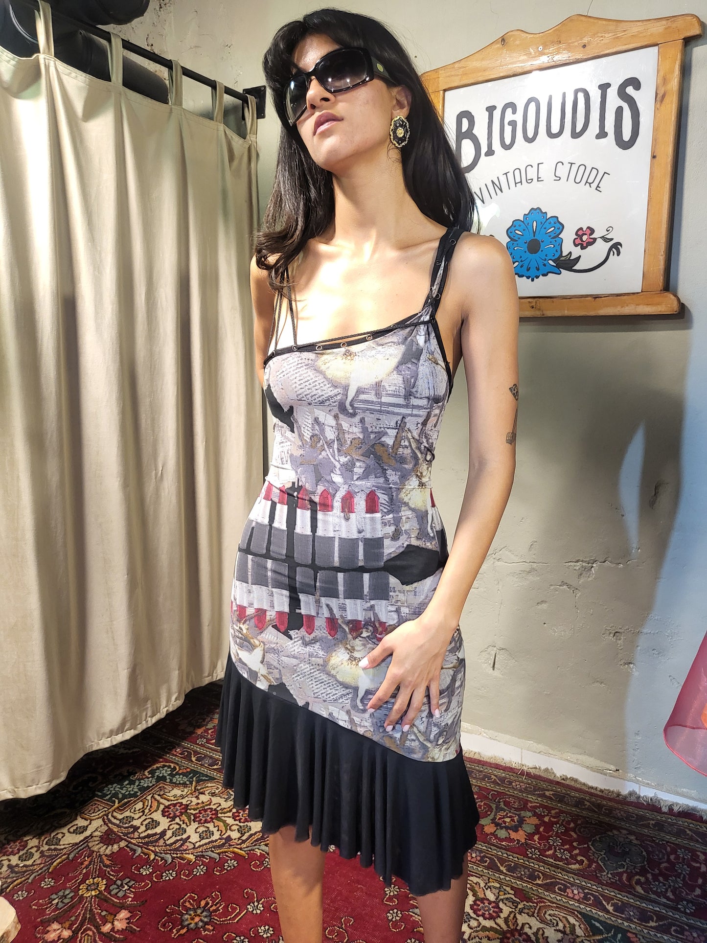 Asymmetric Print Mesh Dress