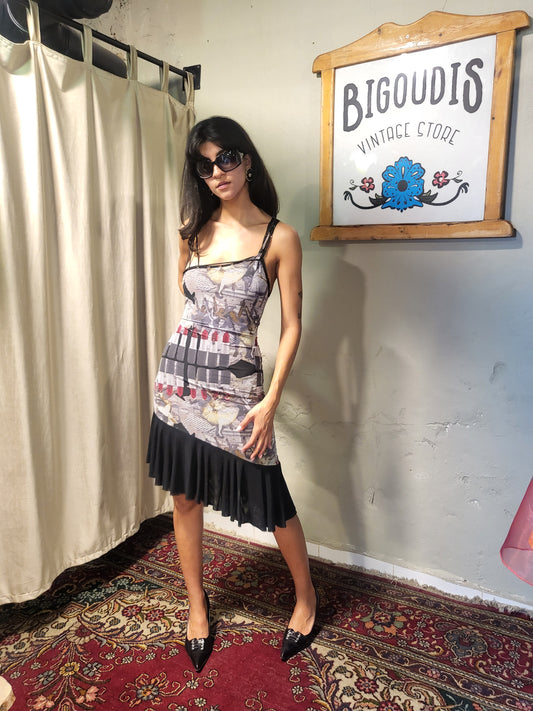 Asymmetric Print Mesh Dress
