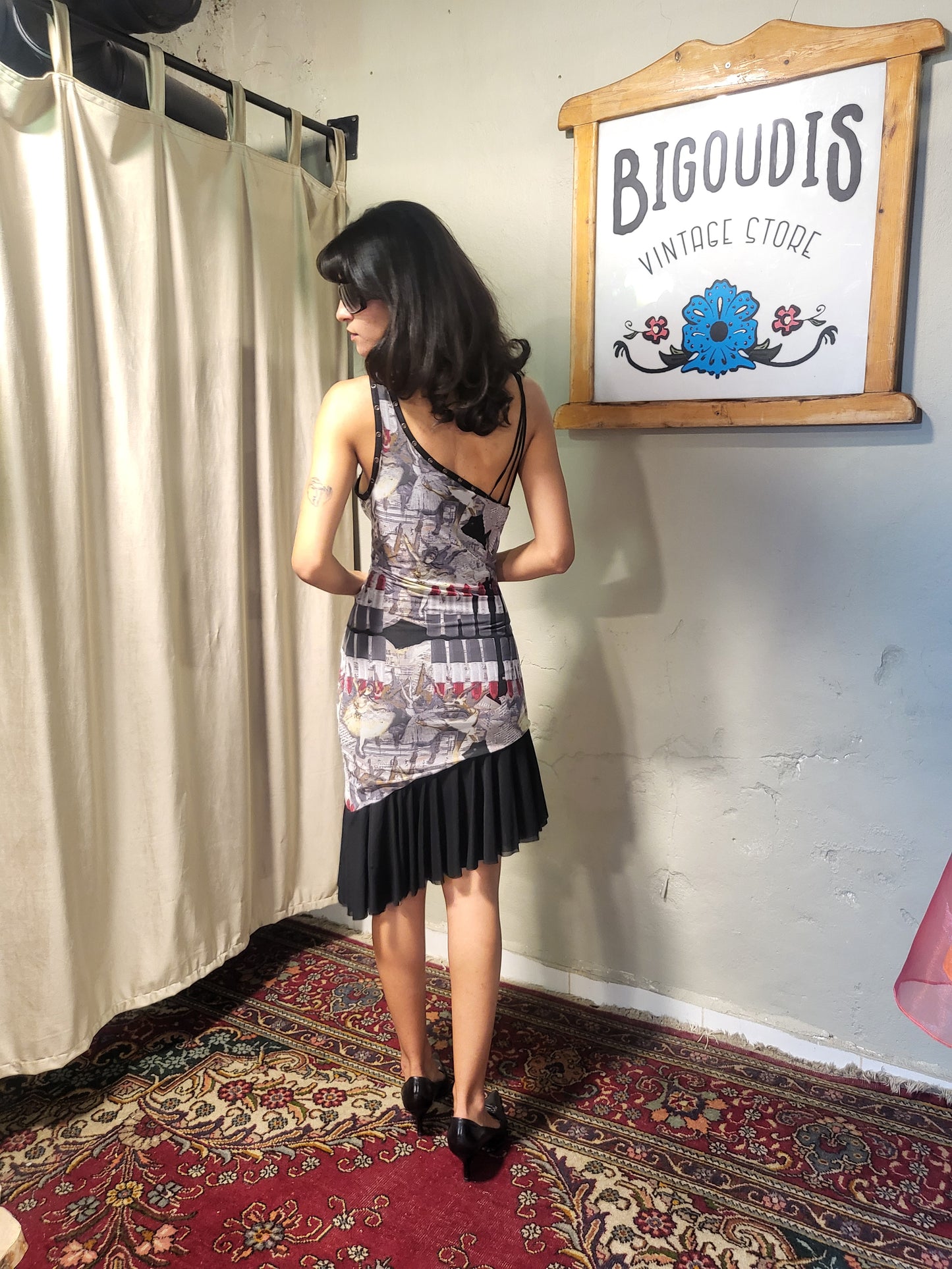 Asymmetric Print Mesh Dress