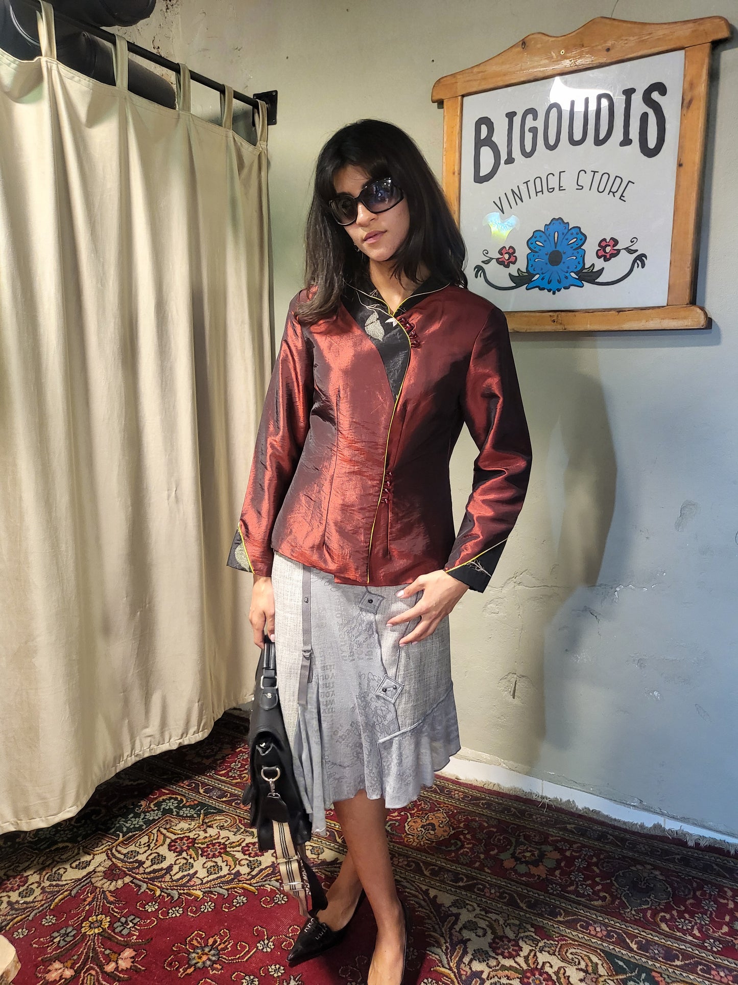 Burgundy Silk Mandarin Collar Jacket
