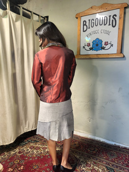 Burgundy Silk Mandarin Collar Jacket