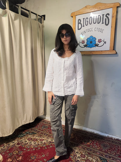 White Linen Eyelet Blouse