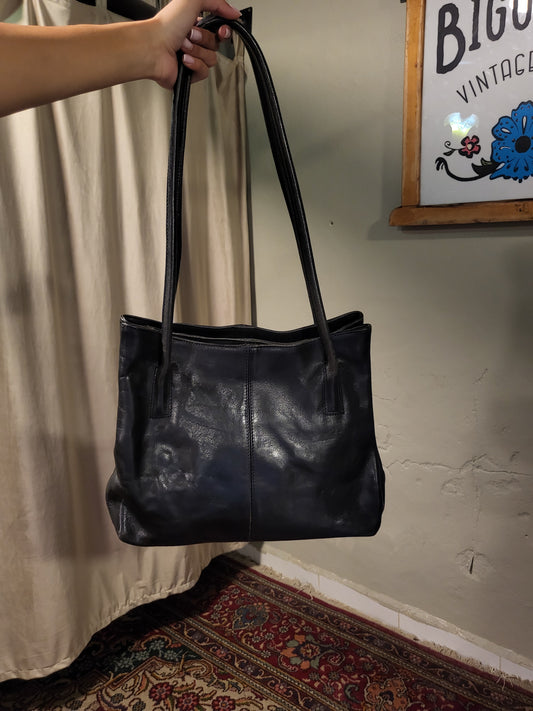 90s Black Genuine Leather Tote Bag