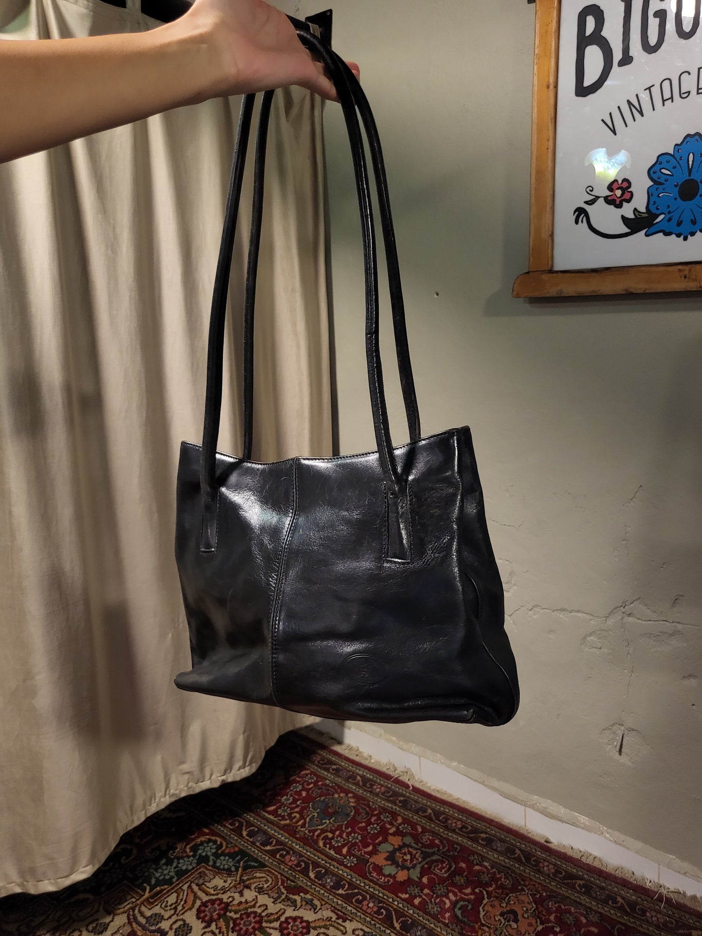 90s Black Genuine Leather Tote Bag