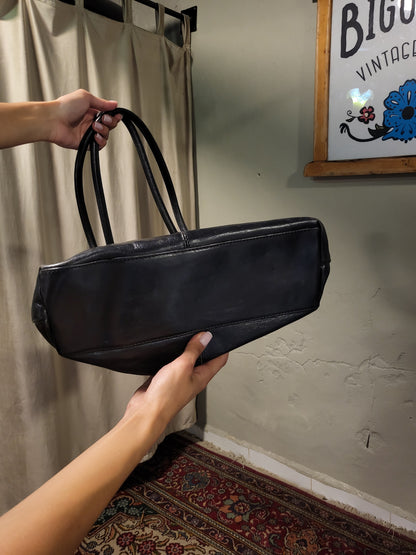90s Black Genuine Leather Tote Bag