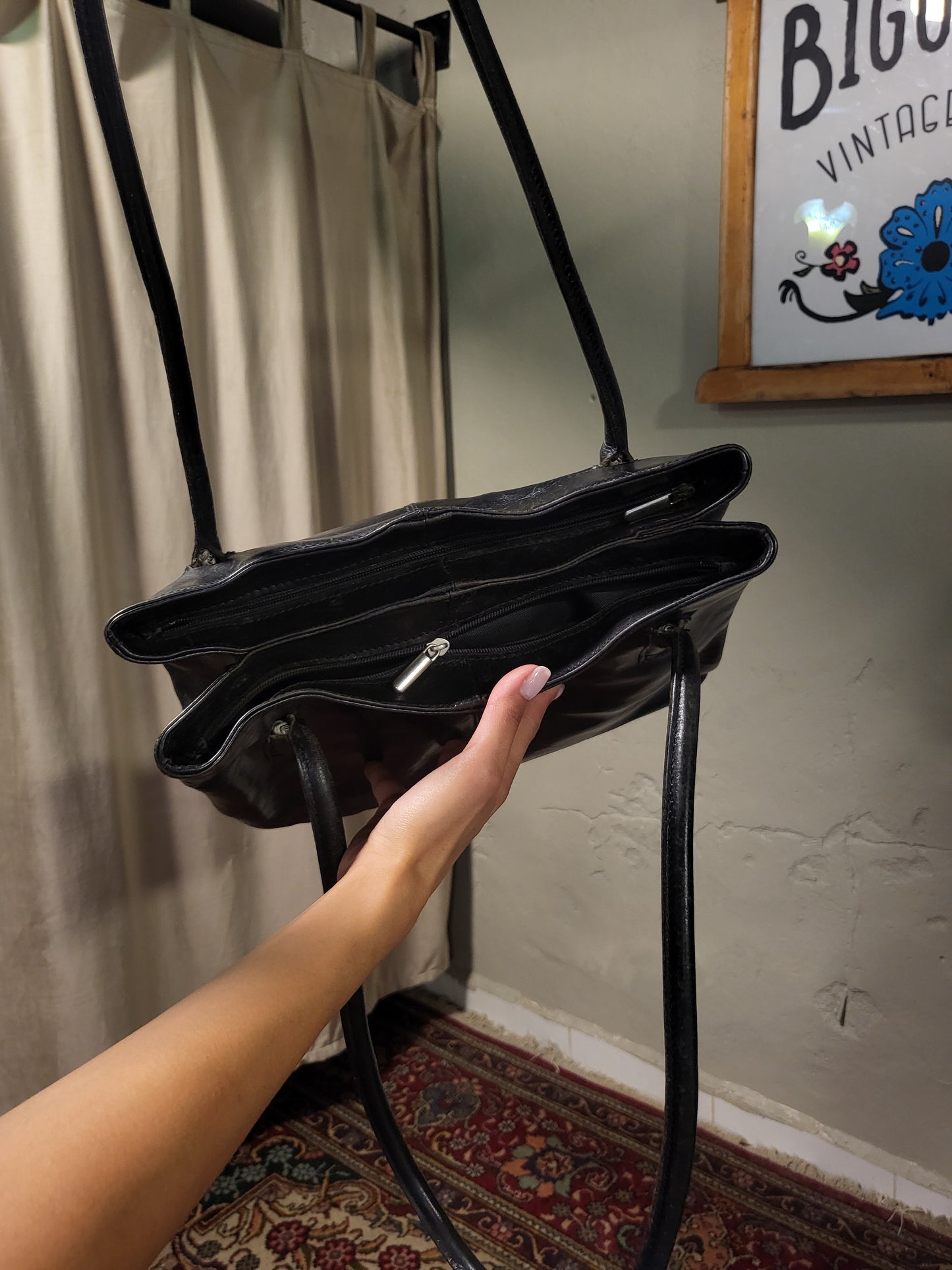 90s Black Genuine Leather Tote Bag