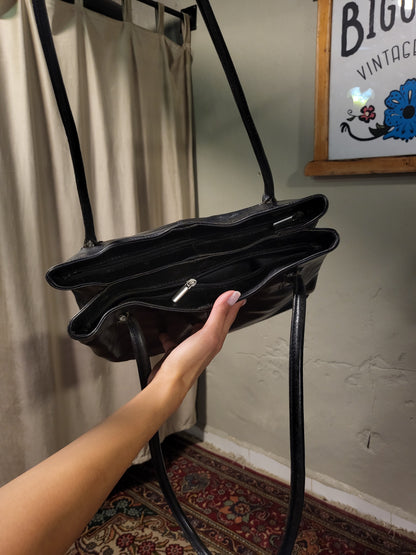 90s Black Genuine Leather Tote Bag