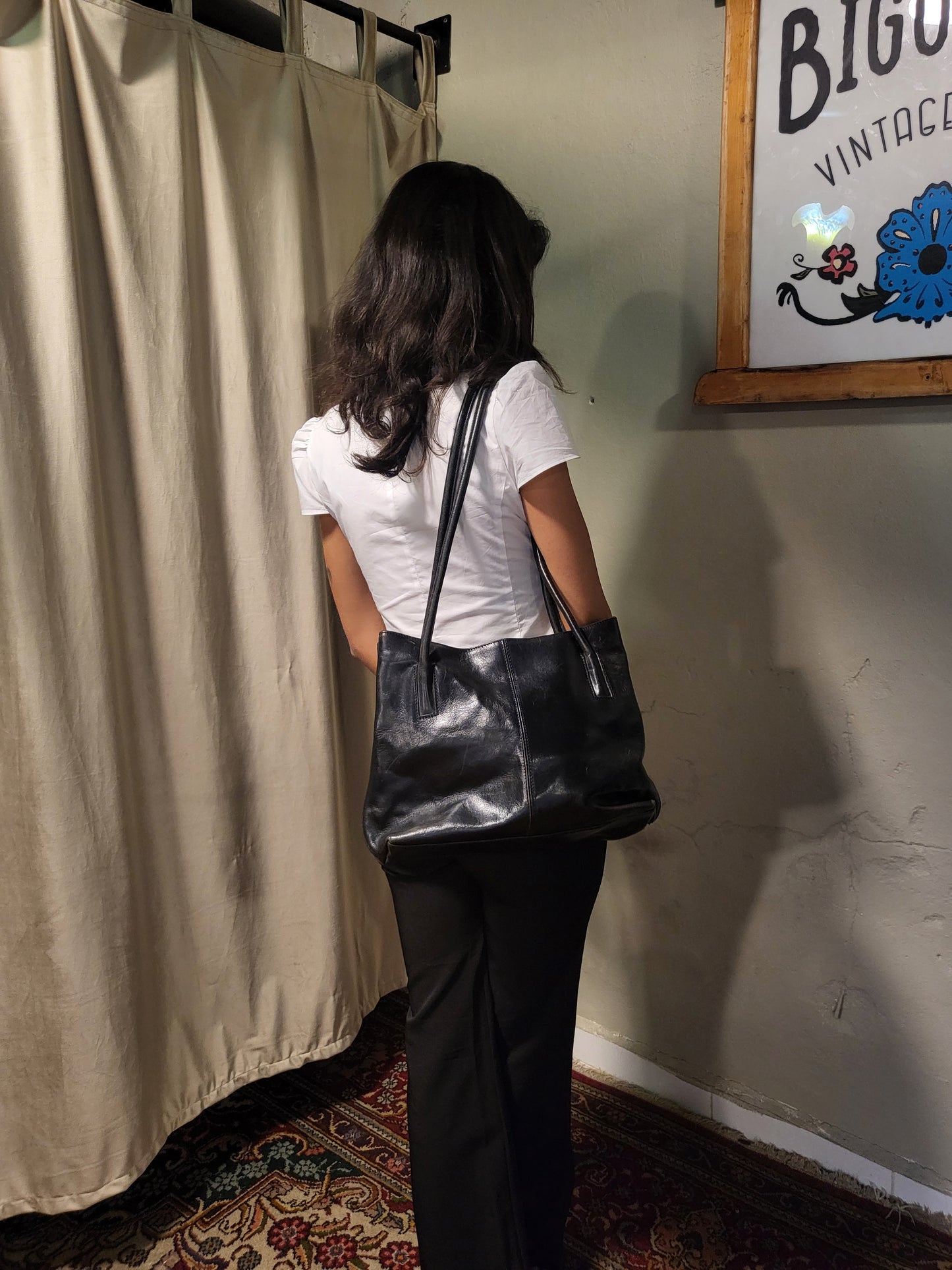 90s Black Genuine Leather Tote Bag