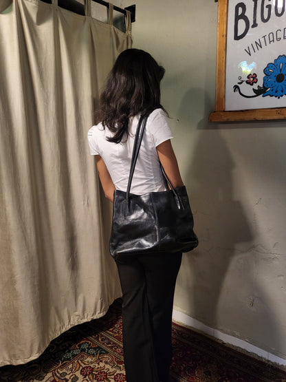 90s Black Genuine Leather Tote Bag