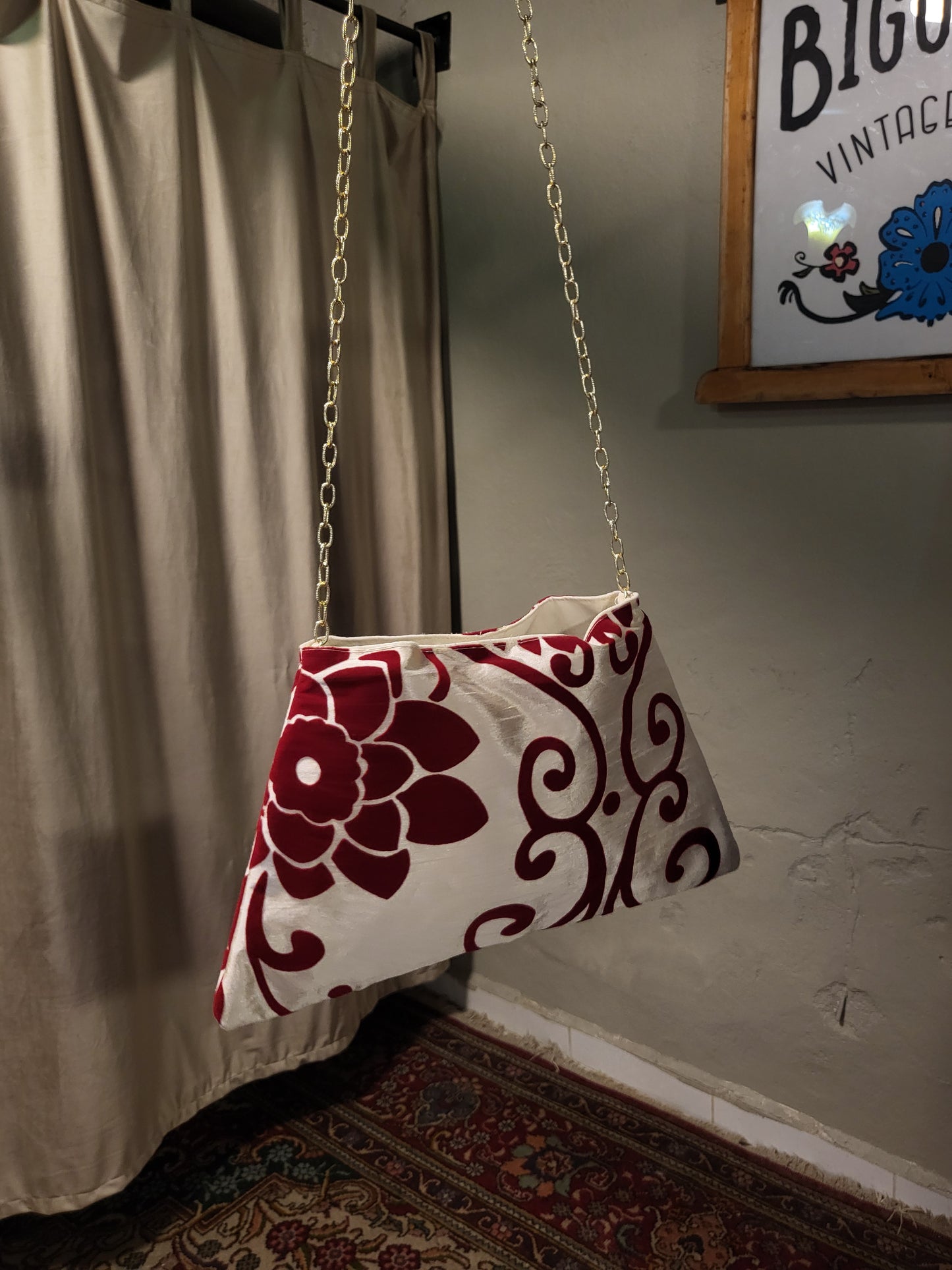 Red Floral Brocade Chain Shoulder Bag