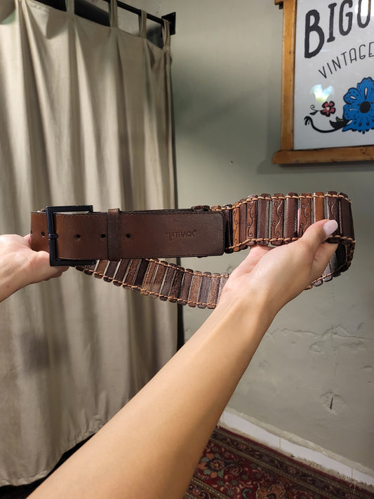 T-Track Brown Leather & Wood Statement Belt