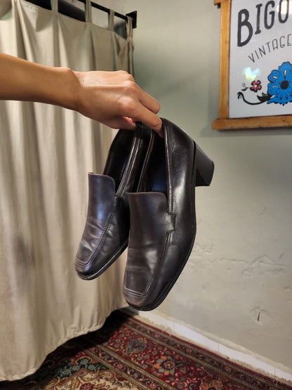 Leather Block Heel Loafers
