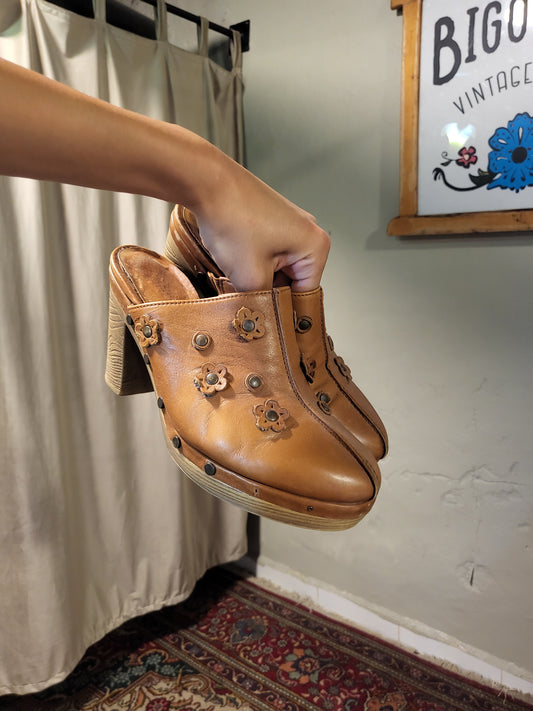 Gabor Floral Leather Clog Heels