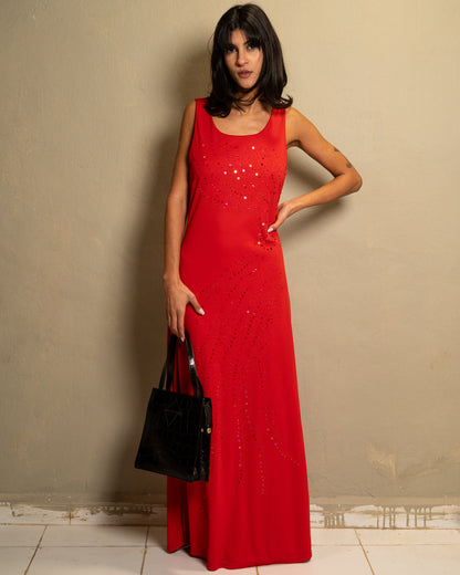 Crimson Beaded Column Dress