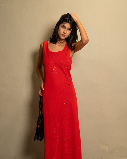 Crimson Beaded Column Dress