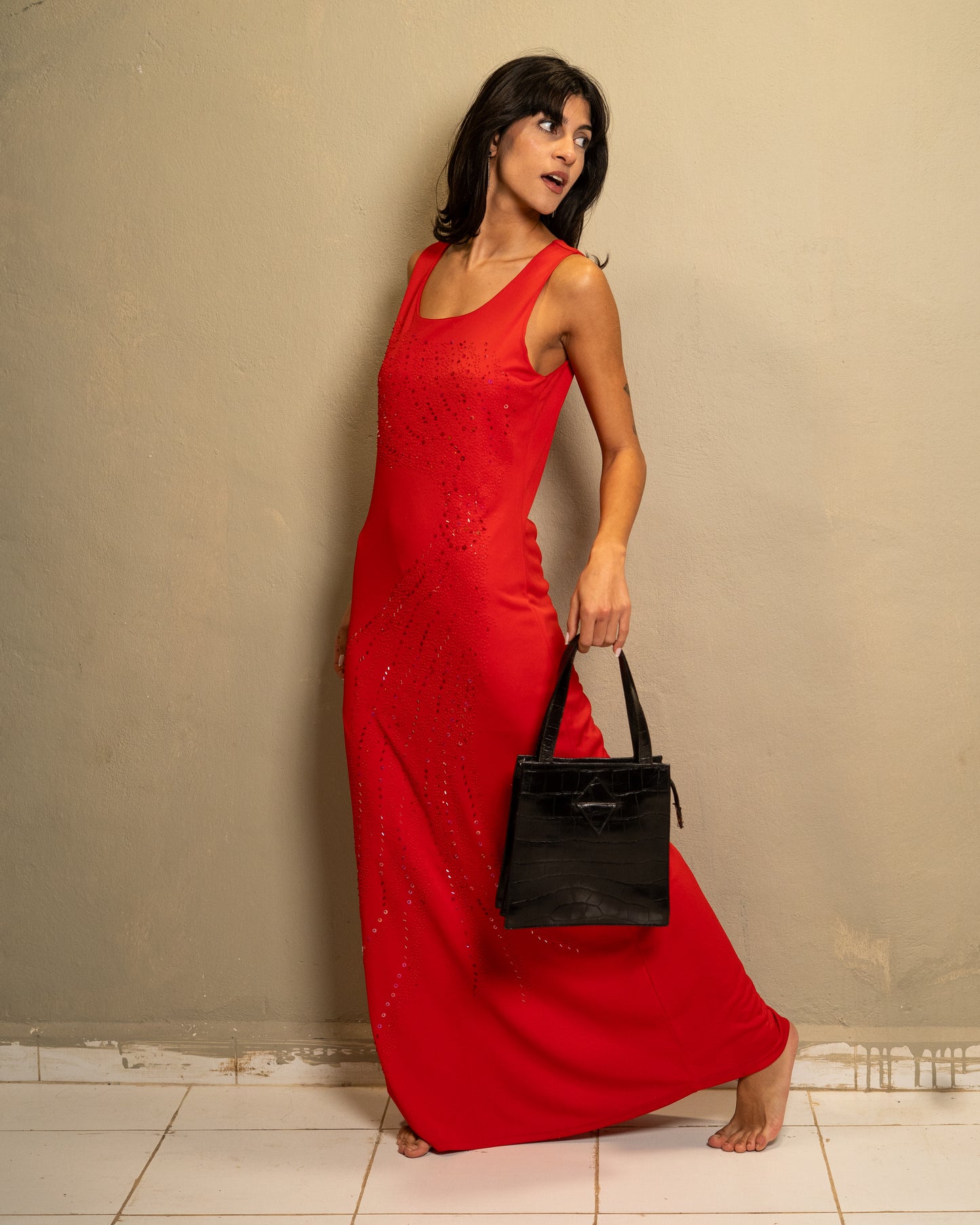 Crimson Beaded Column Dress