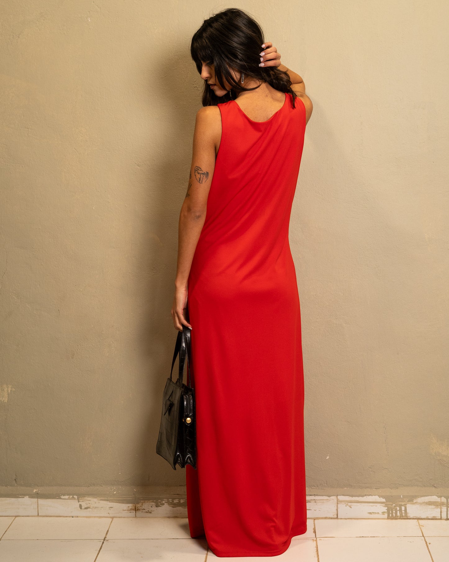 Crimson Beaded Column Dress