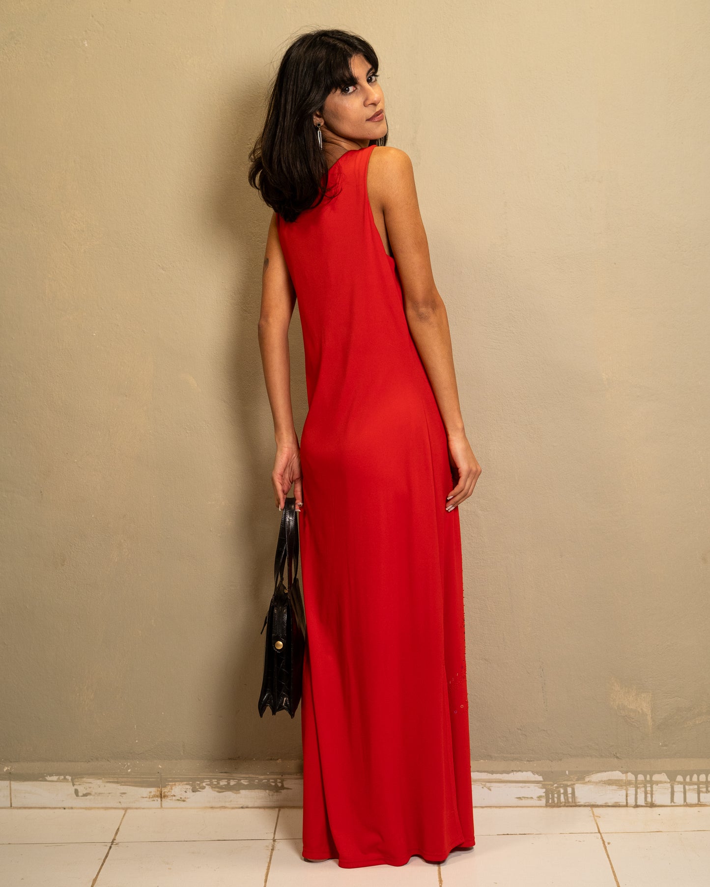 Crimson Beaded Column Dress