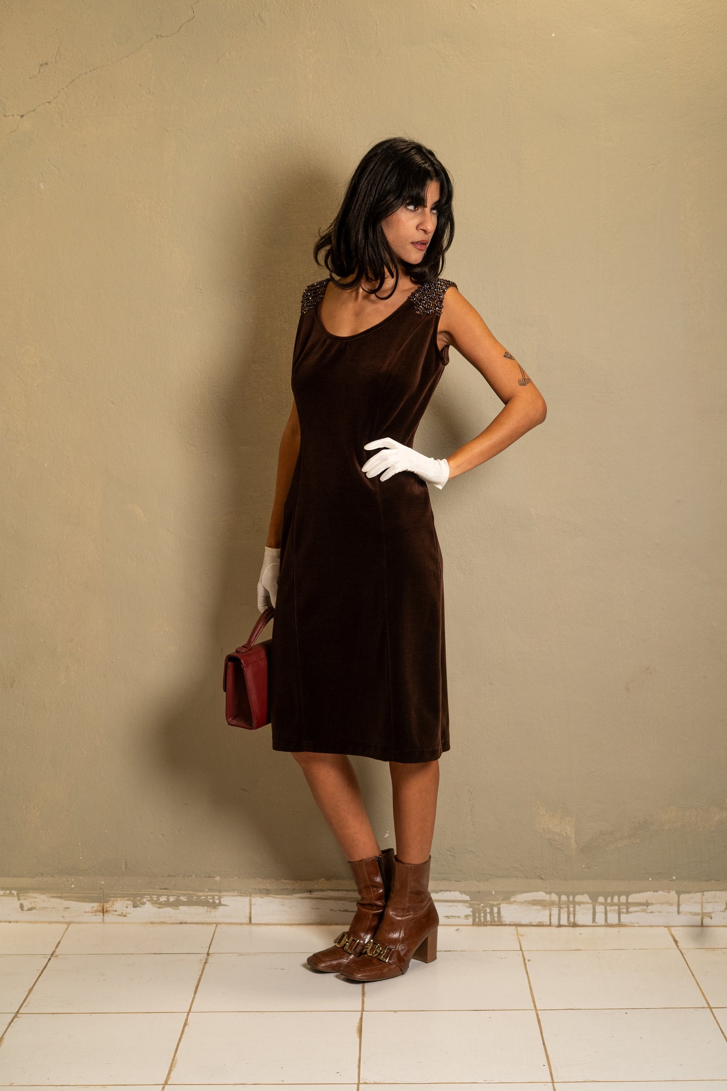 Chocolate Beaded Velvet Midi Dress