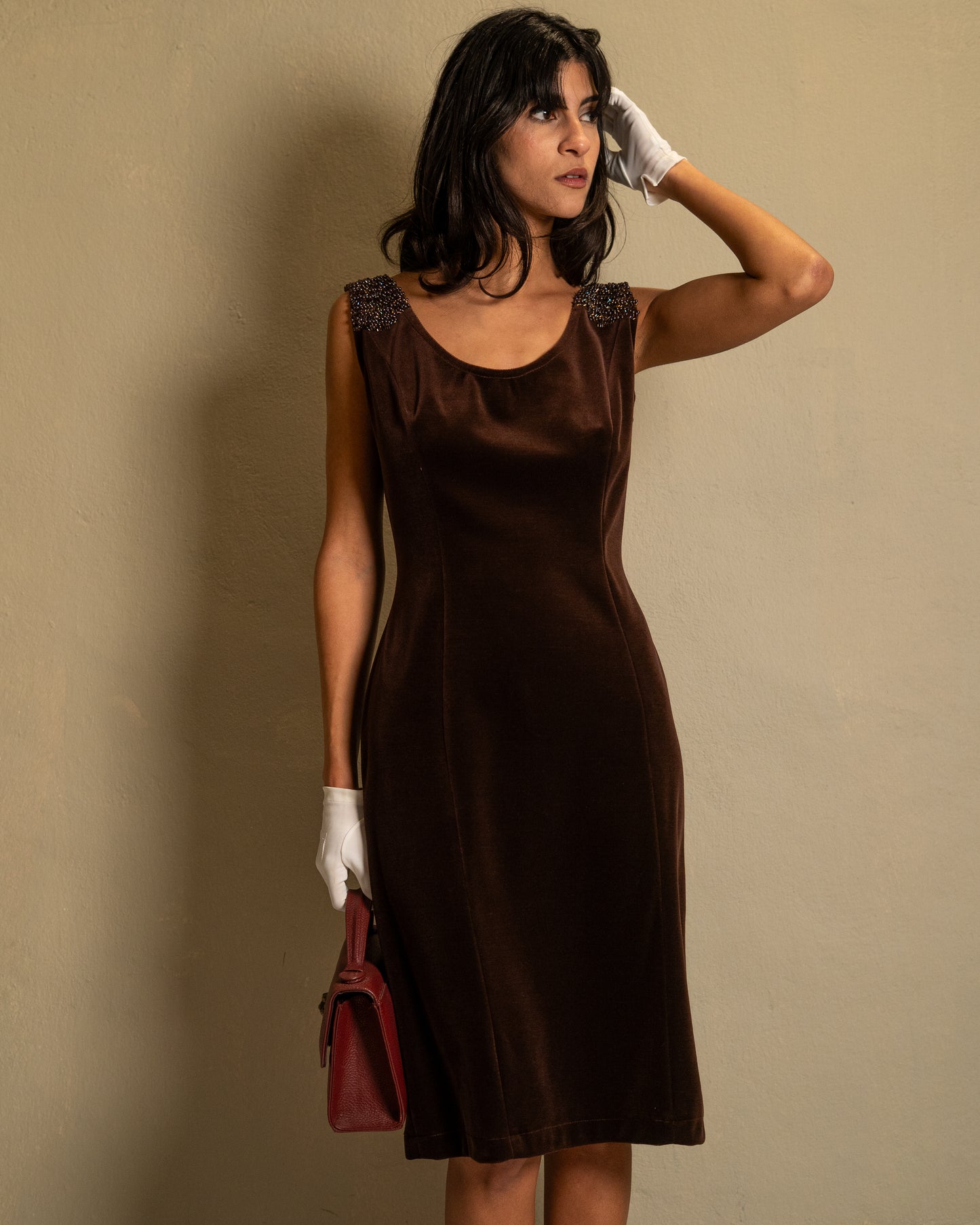 Chocolate Beaded Velvet Midi Dress
