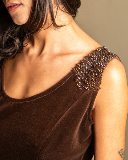 Chocolate Beaded Velvet Midi Dress