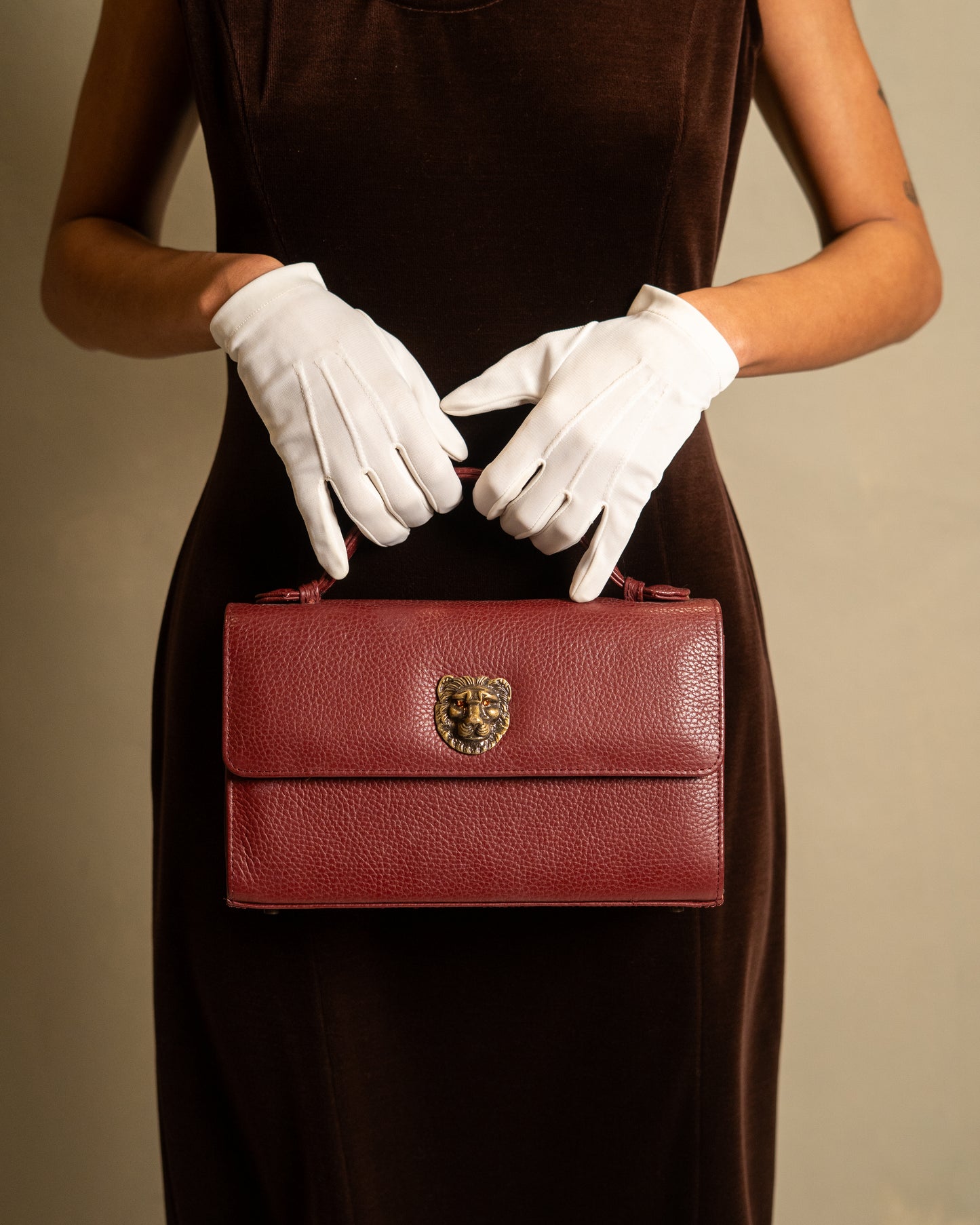 Burgundy Lion-Head Leather Top-Handle Bag