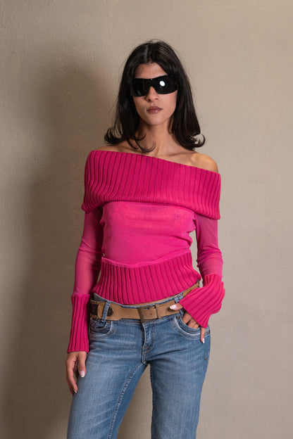 Hot Pink Off-Shoulder Knit Top