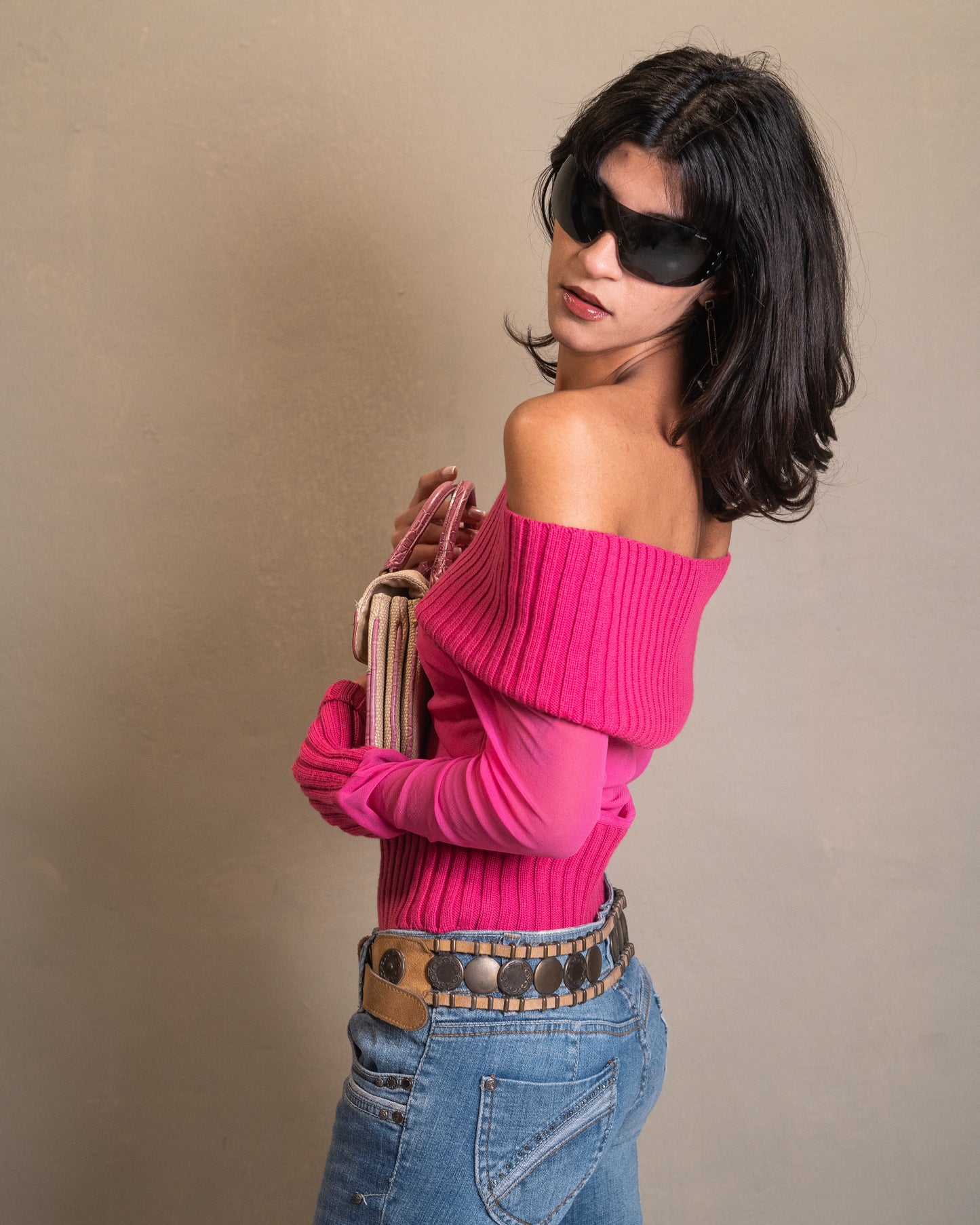 Hot Pink Off-Shoulder Knit Top