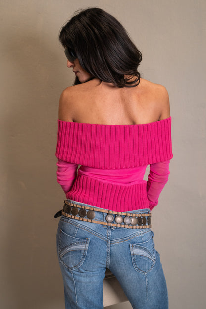 Hot Pink Off-Shoulder Knit Top
