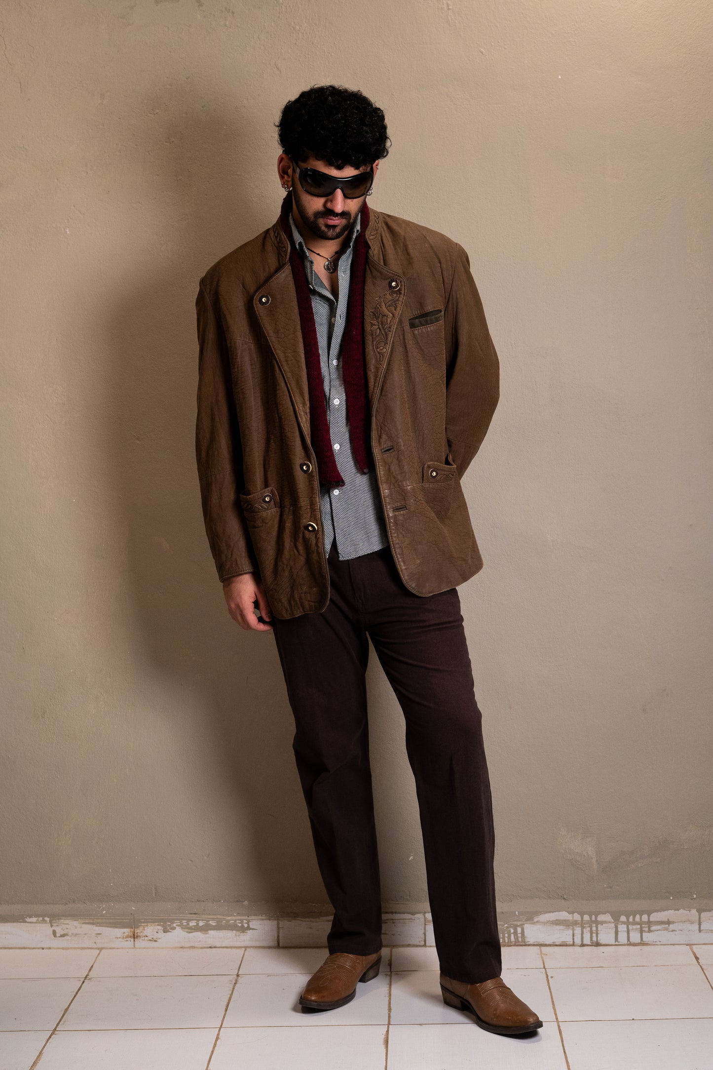 Brown Sculpted Leather Jacket with Embroidered Lapel