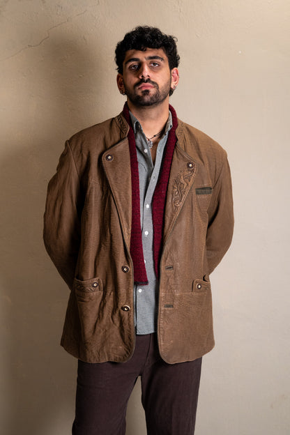 Brown Sculpted Leather Jacket with Embroidered Lapel