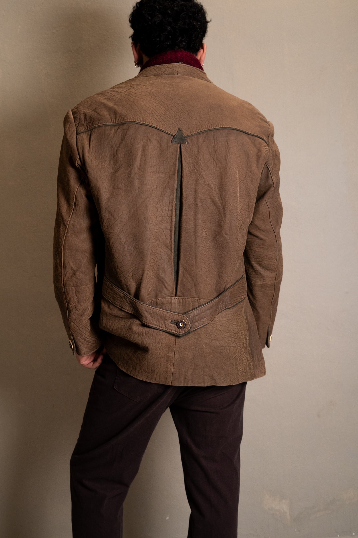 Brown Sculpted Leather Jacket with Embroidered Lapel