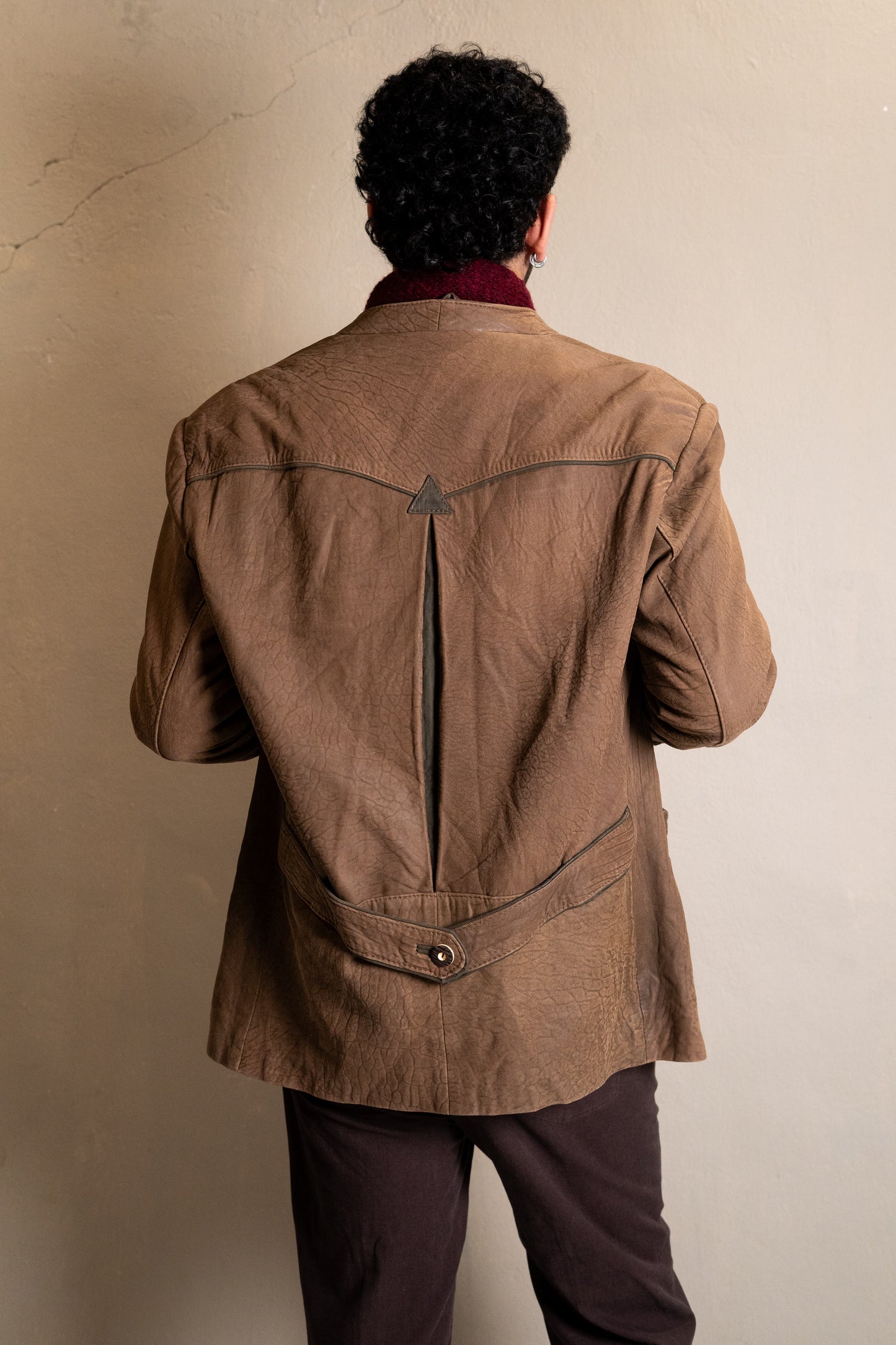 Brown Sculpted Leather Jacket with Embroidered Lapel