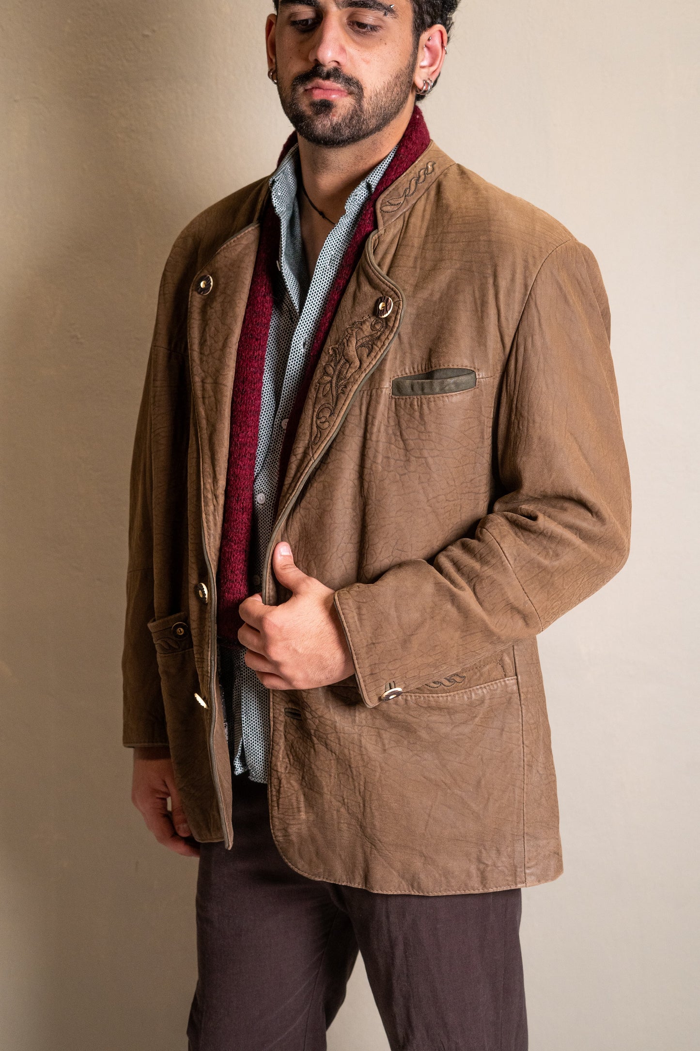 Brown Sculpted Leather Jacket with Embroidered Lapel