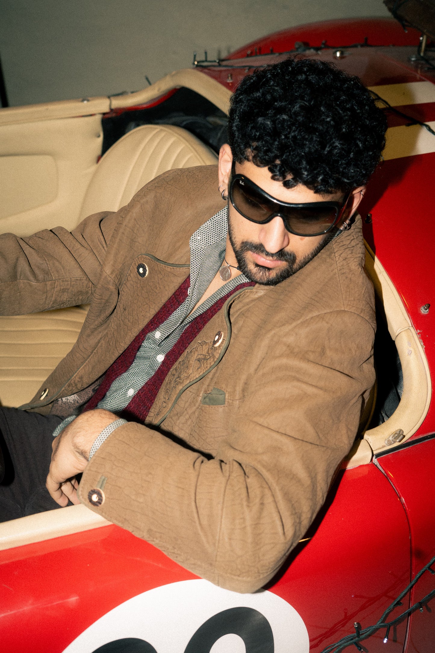 Brown Sculpted Leather Jacket with Embroidered Lapel