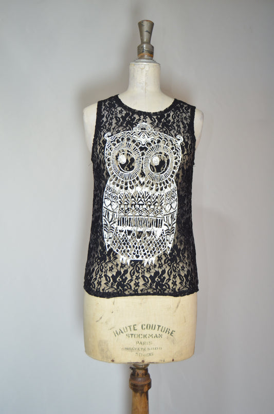 Black Owl Lace Fitted Top