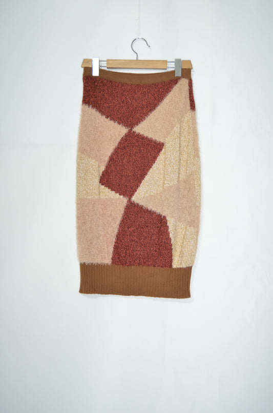 Red & Beige Straight Cut Wool Midi Skirt