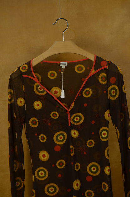 Vintage Geometric Print Mesh Top