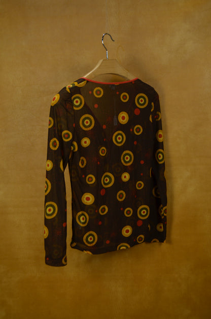 Vintage Geometric Print Mesh Top
