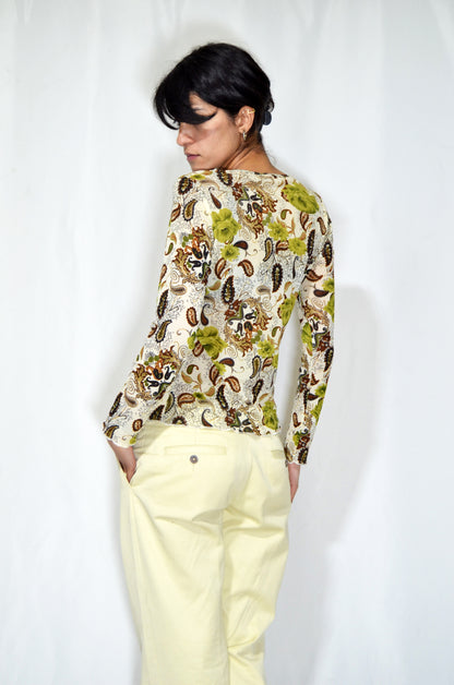 White & Green Vintage Floral Top