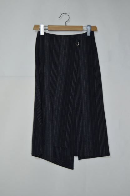 Black Stripped Wool Midi Skirt with a Slit